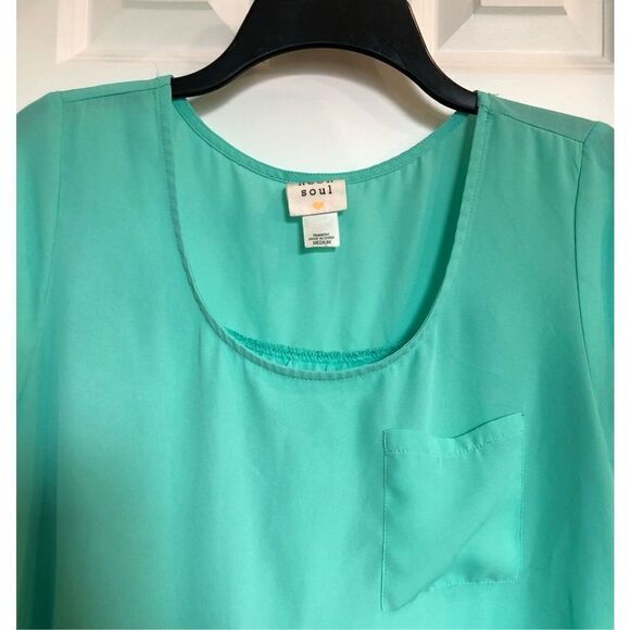 NEON SOUL - EUC - L Sz M Scoop Neck Cap Sleeve Pocket Blouse/Aqua 100% Polyester - Picture 4 of 11